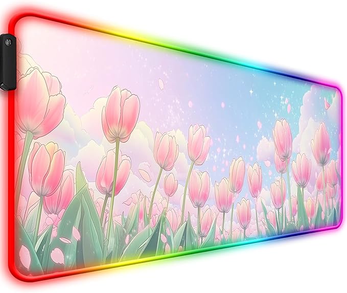 RGB Pink Flower Tulips Gaming Desk Mat, Computer Keyboard Large Extended Long Floral LED Mouse Pad for Office and Home, XL (W30)