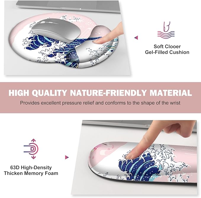 Gaming Mouse Pad, Large Desk Mat, Cute Desk Pad Protector, Pink Cherry Blossoms XXL Mousepad + Keyboard Wrist Rest+Mouse Wrist Rest+Coaster Set with Ergonomic Desk Pad, Japanese Wave of Kanagawa