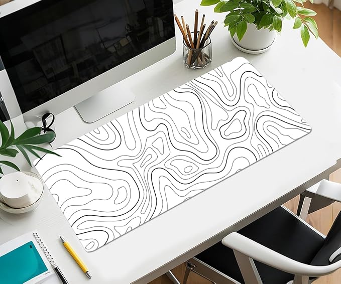 Large Mouse Pad, White Extended Mouse Pad Desk Pad Ergonomic Easy Typing for Office Game Home Non Slip - White Topographic Contour