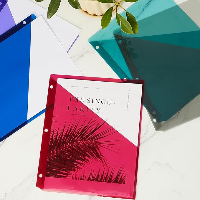 Maitys 50 Pack Binder Pockets 3 Hole Punch Clear Plastic Document Folders Binder Organizer Store Letter Size 8.5x11 Inch Paper Folders with Pockets Slash File Jacket for Office (Dark Color)