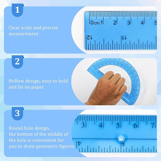 8pcs 6in Plastic Protractor with 12in Plastic Ruler Set,Clear Protractor Clear Ruler Math Geometry Protractor Ruler Set Student Classroom Protractor with Ruler,Transparent Protractor for School