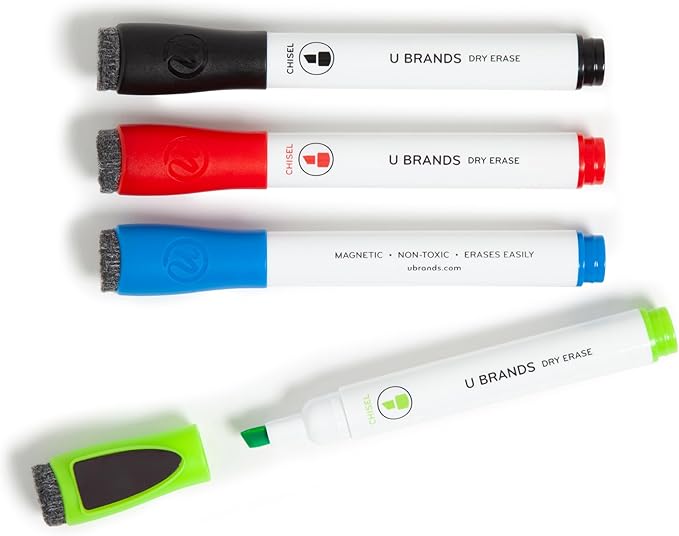 U Brands Fine Tip Dry Erase Markers with Eraser, Whiteboard Markers with Chisel tip, Low Odor, Assorted Colors, Set of 4