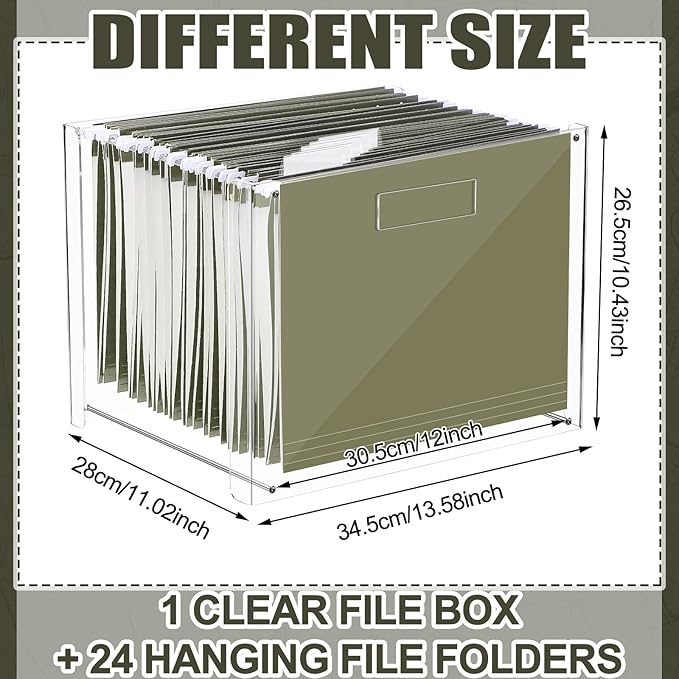 24 Hanging File Folder with Acrylic Organizer for Letter/a4 Size Desktop Clear File Storage Box with Handles for Home Work Office Use (Green,Classic)