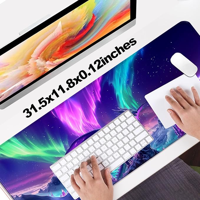 Fantasy Aurora Scenery and Dragon Gaming Desk Mat, Computer Keyboard Large Extended Long Mouse Pad for Office and Home, XL (W06)