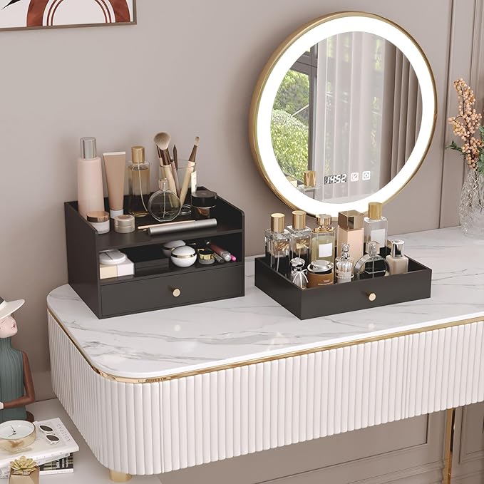 Bamboo Desk Organizer with Drawers Wooden Desktop Storage Organization Box for Bills Office Supplies Kitchen Utensils Organizing Tool for Home Classroom Vanity, No Assembly Required (2 Drawers, Black)