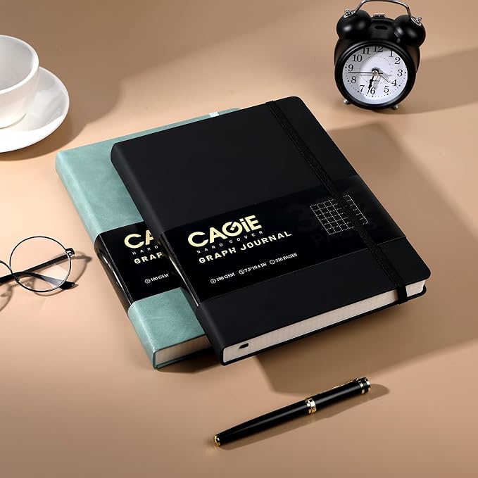CAGIE Graph Notebook 320 Pages 100 GSM Paper Graphing Grid Journal B5 Hardcover Leather Quad Ruled Notebooks for Engineering, Math, Work, Black