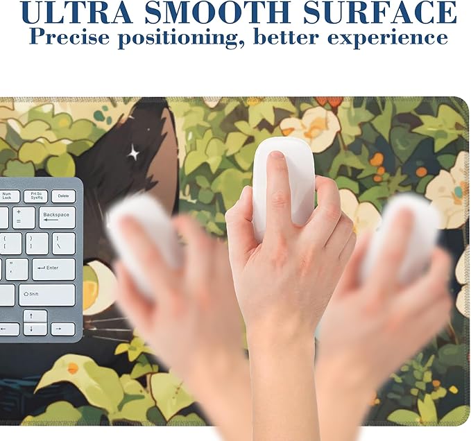 Large Mouse Pad Black Cat in Flower Garden Extended Gaming Mousepad Waterproof Desk Pad with Non-Slip Base and Stitched Edge Keyboard Pad 11.8 x 31.5 Inch Mouse Mat for Home Office Decor