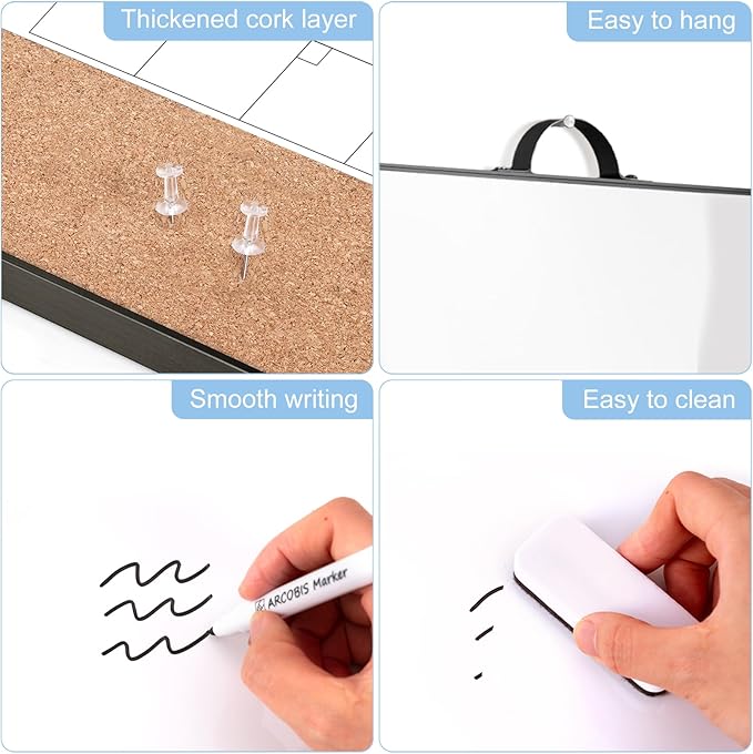 ARCOBIS Calendar Whiteboard Cork Board Combination for Wall, 12"x16" Double-Sided Monthly Dry Erase Calendar, Magnetic White Board for Planning, Office, School, Home, Black