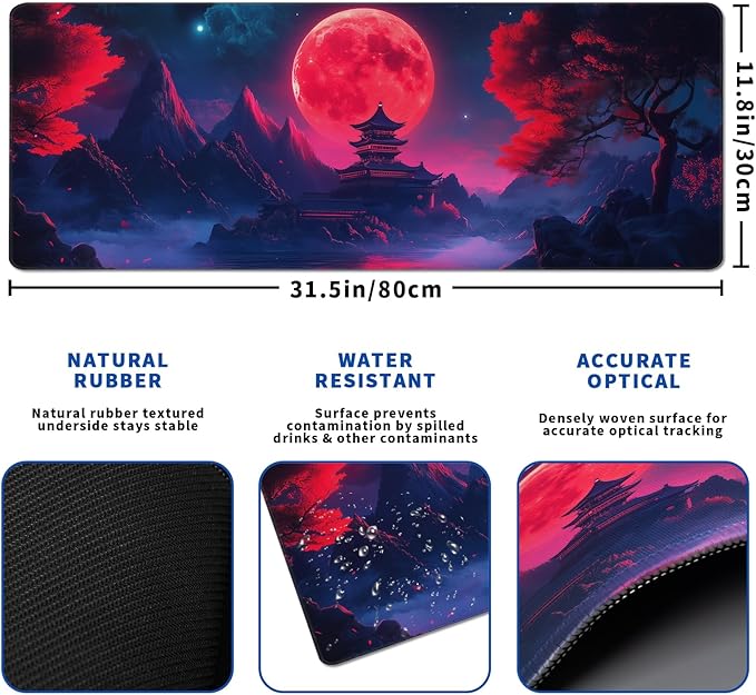 Darkness Red Moon Mouse Pad Abstract Red Mouse Pad 31.5x11.8 Inch Texture Non-Slip Rubber Base Large Mousepad Stitched Edges Keyboard Mouse Mat Desk Pad for Office and Home (Darkness 4)
