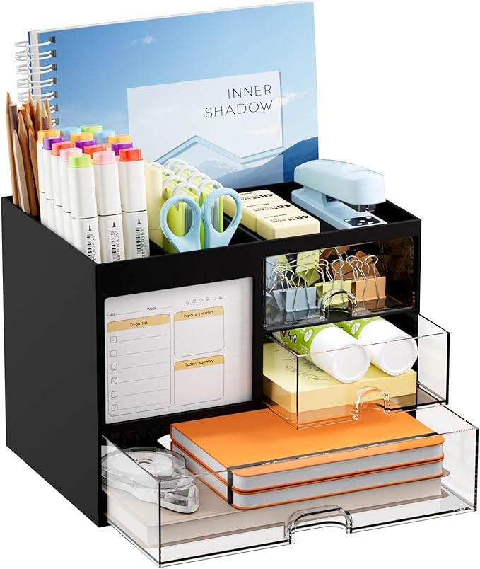 Marbrasse Desk Organizer with 3 Drawer, Multi-Functional Pencil Pen Holder for Desk, Desk Organizers and Accessories with 4 Compartments, Desktop Organizer Storage for Office Home Art Supplies (Black)