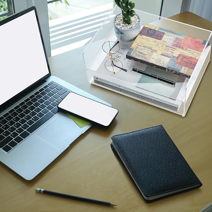 Yulejo 2 Pcs 12.4 x 8.74 x 2.68" Acrylic Desk Organizers Accessories Paper Storage Tier File Office Organizer Tray Stackable Document Clear Desk Accessories for Office Workspace Organization