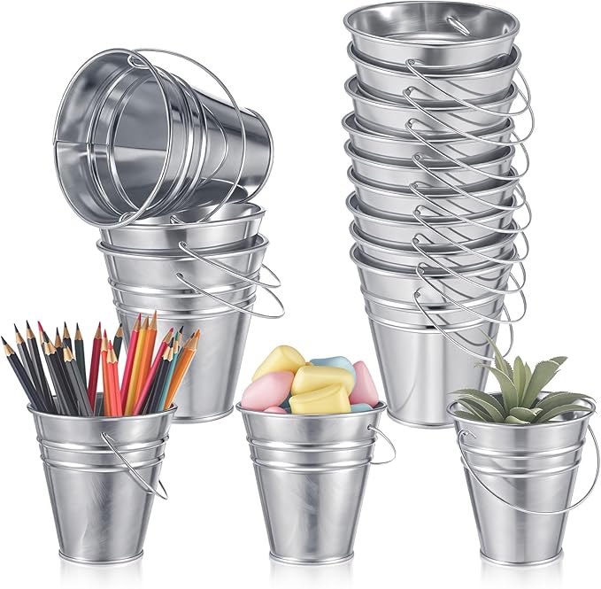Sadnyy 12 Pcs 3.5in Small Metal Buckets with Handle, Mini Metal Pail Tin Galvanized Pail Container for Trick or Treat Flower Plant Craft Halloween Party Favors Garden Home Decoration (Silver)