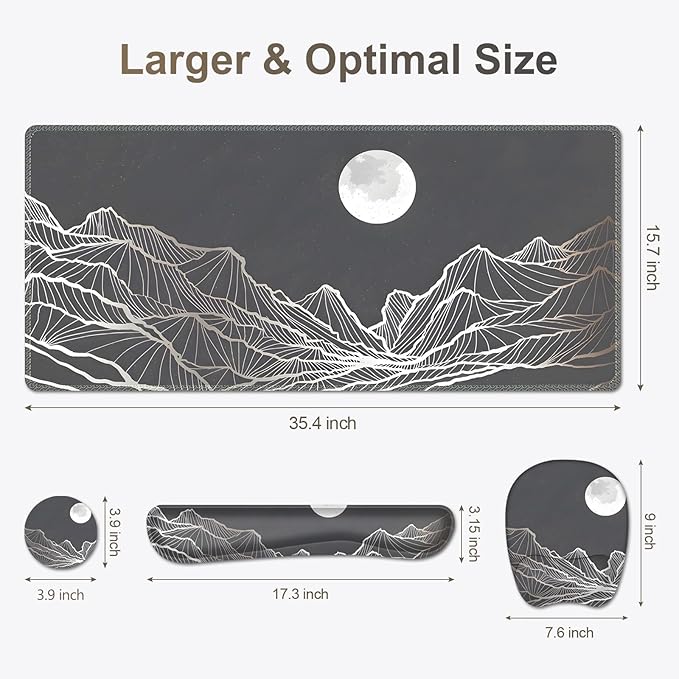 Large Mouse Pad, Keyboard Wrist Rest Set, Ergonomic Mouse Pad with Wrist Support, Desk Mat with Stitched Edges + Coaster, Extended Desk Pad Waterproof Desk Mat for Home Office Game I Moon and Valley