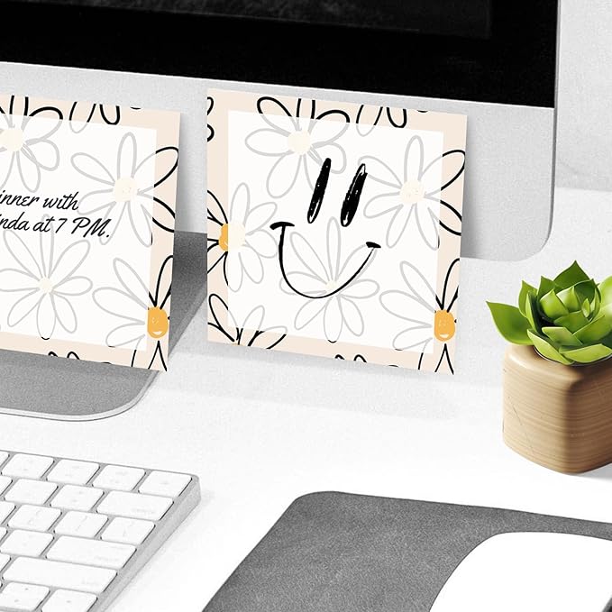 Sticky Notes, 2 Pads, 3x3 inches, Cute Colorful Fun Self-Stick Note Pads, Easy Post, Strong Adhesive Notepad Simple Daisy Flowers