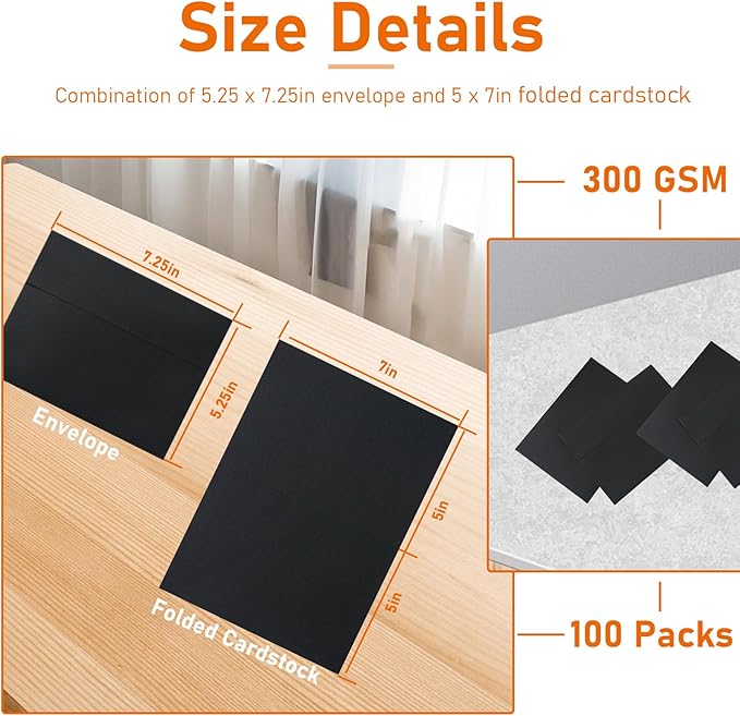 100 packs Black Note Cards and Envelopes 5 x 7, 300GSM Blank Folded Cardstock and Printable A7 Envelopes Self Seal for Wedding Invitations, Greeting Cards, Mailing, Festival Blessings