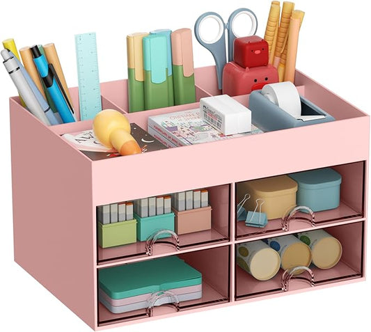 Marbrasse Pen Organizer with 4 Drawer, Multi-Functional Pencil Holder for Desk, Desk Organizers and Accessories with 4 Compartments + Drawer for Office Art Supplies (pink)