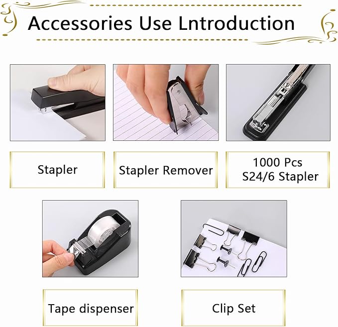 Office Supplies,Desk Accessories, Stapler and Tape Dispenser Set for Women with Stapler, Tape Dispenser, Staple Remover, Staples, Clips, Scissor and Tabs,Gift for Students, Coworkers