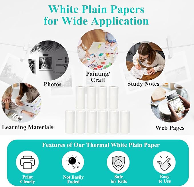 16 Rolls Mini Thermal Printer Paper, Including 6 Sticker Paper & 10 Plain Paper Rolls for Mini Portable Printers, 57X25 mm, Suitable for Various Inkless Sticker Printers