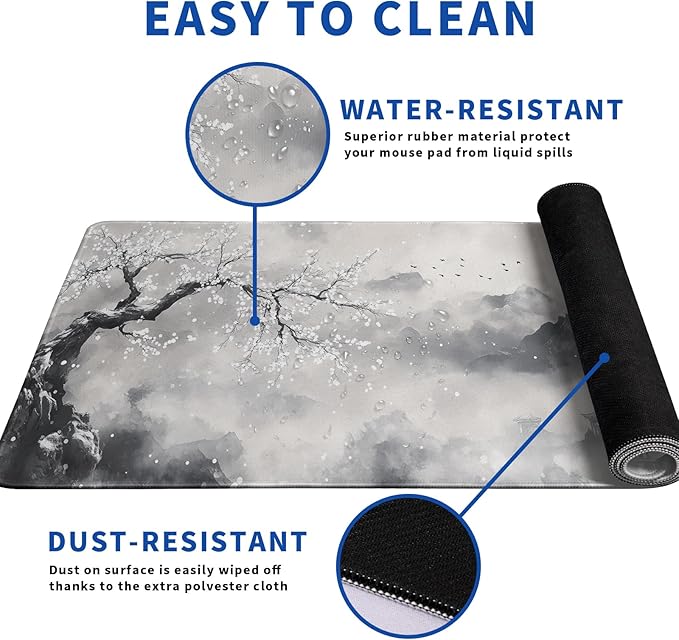 Watercolor Cherry Blossom Mouse Pad Abstract Black Mouse Pad 31.5x11.8 Inch Pagoda Texture Non-Slip Rubber Base Large Mousepad Stitched Edges Keyboard Mouse Mat Desk Pad for Office and Home