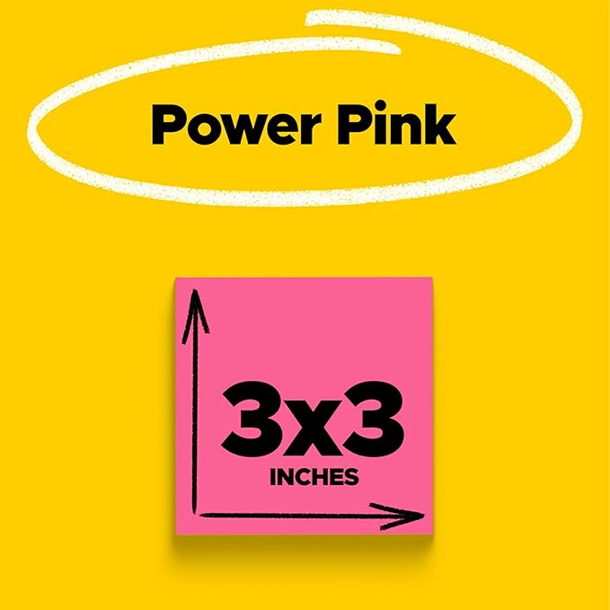 Post-it Super Sticky Notes, 5 Sticky Note Pads, 3 x 3 in., School Supplies, Office Products, Sticky Notes for Vertical Surfaces, Monitors, Walls and Windows, Power Pink