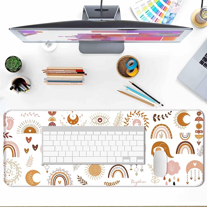 Boho Cute Desk Mat, Kawaii Large Gaming Mouse Pad, Computer Keyboard Laptop Mousepad for Work, Game, Office and Home, XL