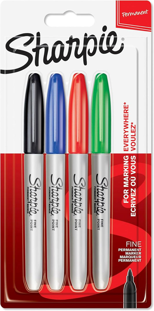 Sharpie Permanent Markers | Fine Point for Bold Details | Black, Blue, Red and Green Ink Colours | 4 Marker Pens