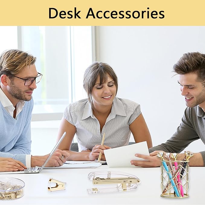 Office Supplies,Desk Accessories,with Stapler,Tape Dispenser,Pen Holder Cup for Desk,Staple Remover,Scissor,Ballpoint Pen,Clear Tape, Staples,Phone Stand,Ruler,Binder,Best Gift Set(Gold)