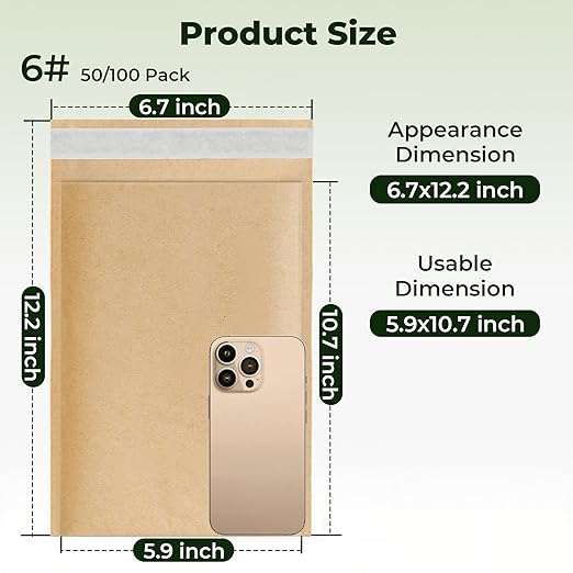 Tera Honeycomb Padded Mailers Envelopes: 5.9 x 10.7 inch 100 pcs 4-Layer Protection Self Seal Biodegradable Recyclable Kraft Paper for Jewelry Makeup Small Business Shipping Bags