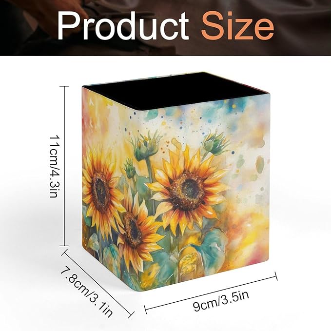 Square Pen Holder & Pencil Organizer for Desk - Office Storage Organizer, Markers/Makeup Brushes/Scissors Holder, Compact Desk Decor Accessories for Home Classroom School(Sunflower)