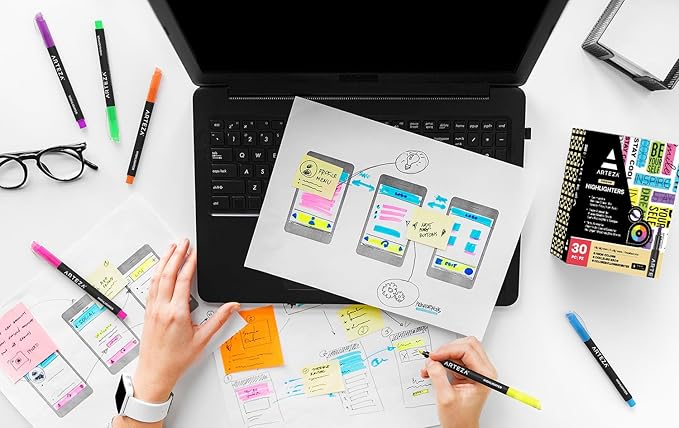 ARTEZA Highlighters Set of 30, Narrow Chisel Tip, Bulk Pack of Markers in 6 Assorted Neon Colors, Office and School Supplies, Note Taking, Planner