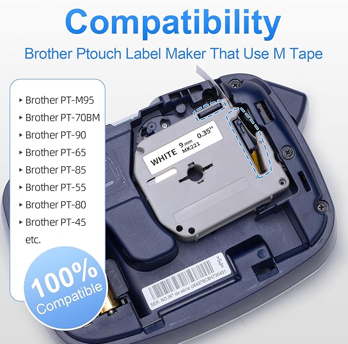 Labelife Replace for Brother M Tape 9mm 3/8 0.35 White M-K221 MK221 M221 for Brother P Touch PT-M95 PT-65 PT-70BM PT-45 PT-80 PT-90 Label Maker Refills, 4 Pack, Black on White