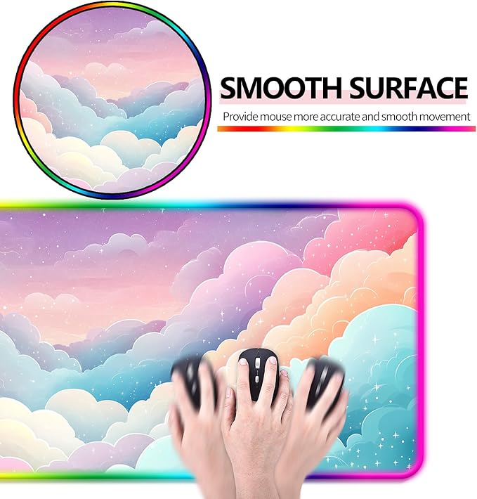 RGB Dreamy Colorful Cloud and Star Gaming Desk Mat, Computer Keyboard Large Extended Long Girly LED Mouse Pad for Office and Home, XL (W08)