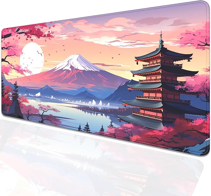 Japanese Cherry Blossoms Mouse Pad,Mount Fuji XL Mousepad Desk Pad with Stitched Edges,Non-Slip Waterproof Rubber Base Mouse Mat Desk Mat for Office Computer Keyboard Laptop Home(27.5x11.8 in)