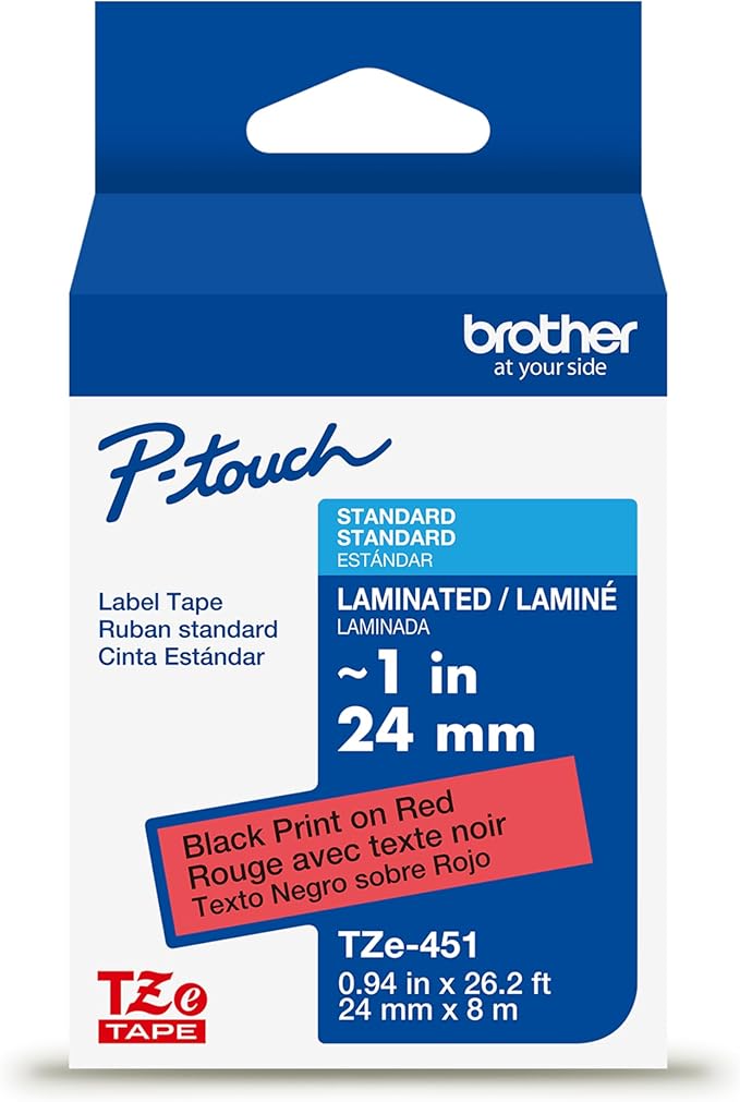 Brother Genuine P-Touch TZe Black Print on Red Label Tape (TZe451), Laminated,1in x 26.2ft (24mm x 8m), for Select P-Touch Label Makers, Durable, Water-Resistant, Indoor/Outdoor Use