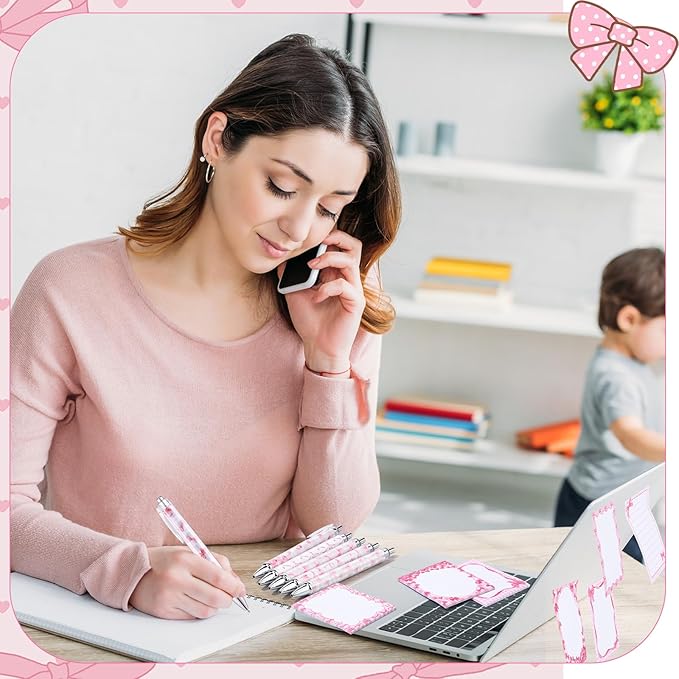 24 Pcs Pink Bow Sticky Notes with Pens Coquette Bow Themed Self Adhesive Notepad Black Ink Ballpoint Pen Office Supplies Coquette Gift for Birthday, Bachelorette, Bridal, Engagement