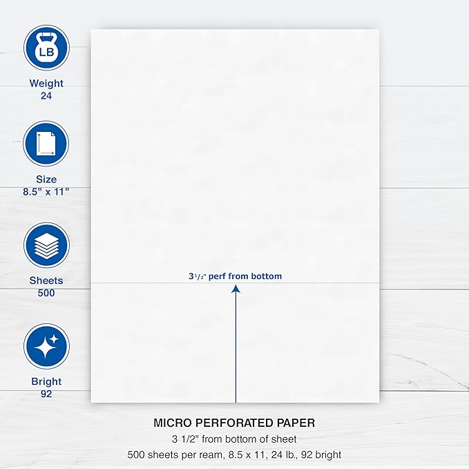 PrintWorks Professional 3 1/2" Horizontal Perforated Paper 8.5” x 11” - Perfect For W-2, 1099, & Statement Use - Made in the USA - 500 Sheets - 24 lb - Printer Compatible - White (04130)