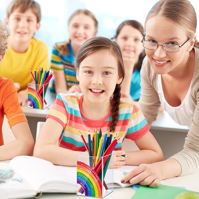 Sherr 10 Pcs Pencil Shaped Pen Holders, Acrylic Pencil Organizer Cups, Cute Creative Stationery Storage, Appreciation Gifts for Teacher Student School Classroom Office Home Desktop Supplies (Rainbow)