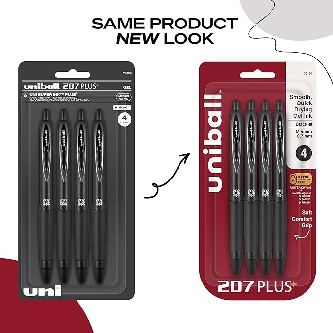 uniball 207 Plus+ Retractable Gel Pens, Medium Point, 0.7mm, Black Ink, 4/Pack (70460)