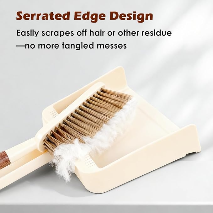 QUIVIX Hand Broom and Dustpan Set,Portable Small Dustpan and Brush Set with Sapele Wood Handle,Teeth Design,Compact Hangable Broom with Dustpan for Cleaning Desktops Kitchen Sofa Pet Hair,Beige