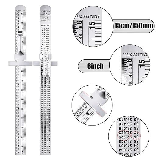 TOODOO 8 Pcs Pocket Ruler 6 Inch and 12 Inch Metal Rulers with Inch and Metric Graduation Stainless Steel Precision Measuring Tool for Engineering, School, Office