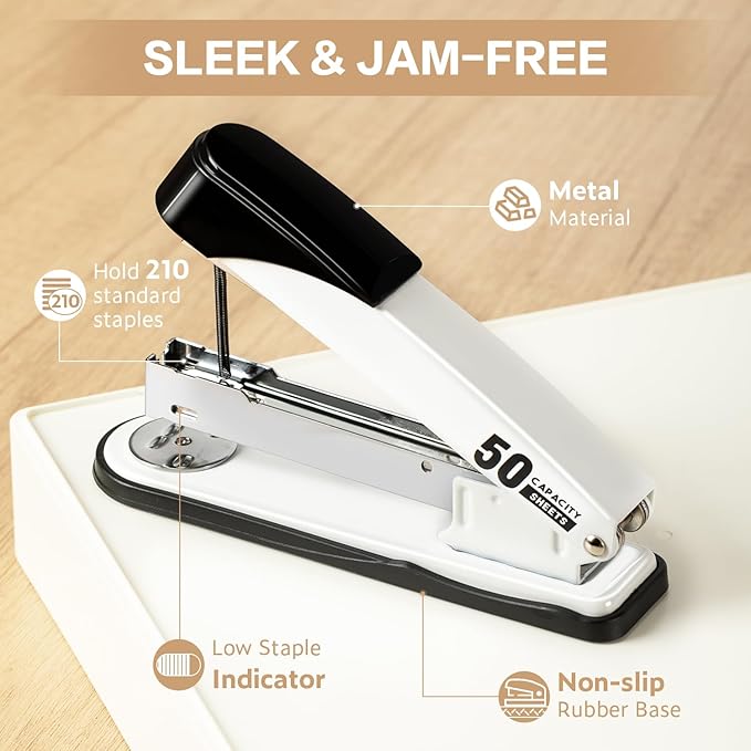 Deli Stapler Heavy Duty, Full Strip Staplers for Desk with 2000 Staples and Staple Remover, 50 Sheet Capacity, No Jam, Non-Slip Office Stapler with Staples for Office, Classroom, White