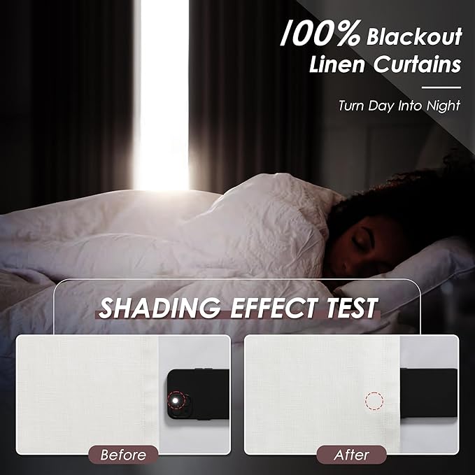 100% Blackout Linen Curtains 84 Inch Length 2 Panels Ivory Light Blocking Darkening Living Room Curtains 84 Inches Long Elegant Modern Back Tab Pocket Noise Reducing Drapes for Nursery 52X84