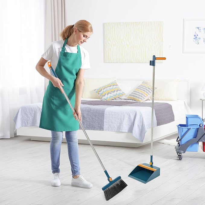 Suclain 4 Set 8 Pcs Broom and Dustpan Set 47 Inch Long Handle Brooms for Sweeping Indoor Household Dustpans for Indoor Outdoor Kitchen Floor(Blue)
