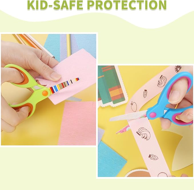 Patterned kids Scissors, Blunt Safety Children's Handmade Scissors, Stainless Steel Blades, Soft Grips, Pink, Blue, Fruit Green 3 Piece Set