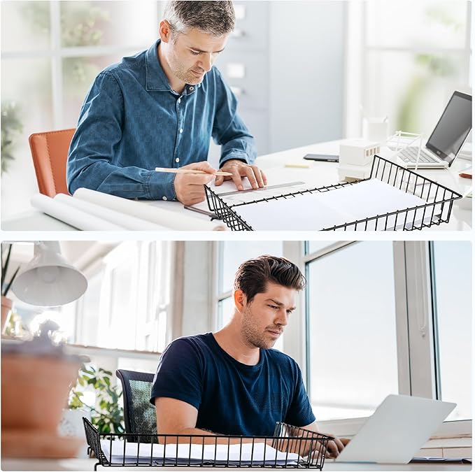 Hicarer 2 Pcs Metal Paper Tray 11 x 17 Inch Iron Wire Grid Desk File Document Letter Tray 11 x 17 Paper Desk Organizer Wide Entry Basket for Office Home (Black)