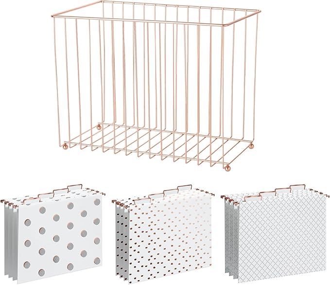 Y YOMA 1 Pack Rose Gold Desktop Hanging File Organizer | 12 Pack Rose Gold Hanging File Folders with Tabs & Insert | Letter Size Metal File Kit for Desk Home Office, I Shaped