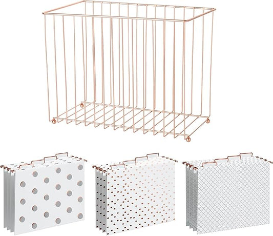 Y YOMA 1 Pack Rose Gold Desktop Hanging File Organizer | 12 Pack Rose Gold Hanging File Folders with Tabs & Insert | Letter Size Metal File Kit for Desk Home Office, I Shaped