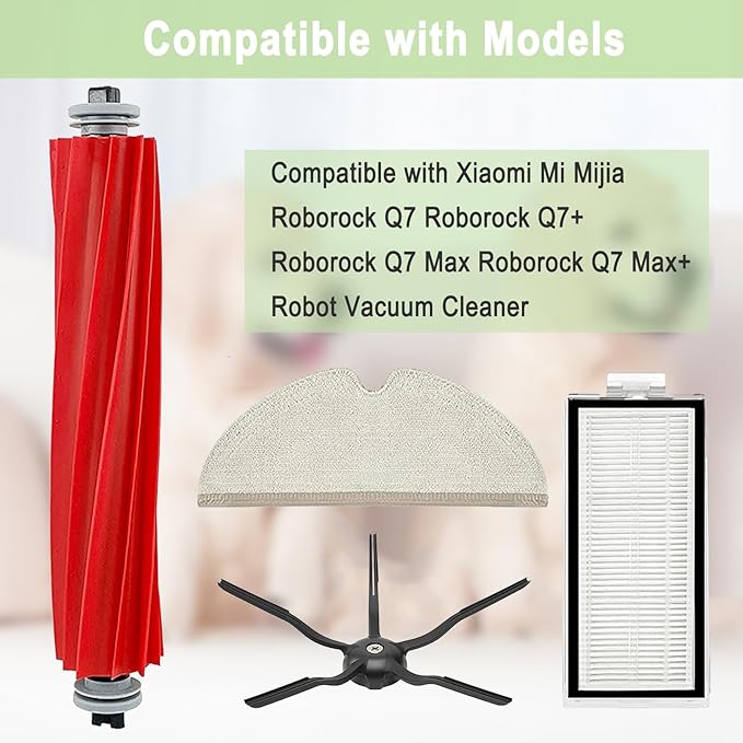 Bvhonwe 20 Pack Roborock Q7 Replacement Parts Compatible for Xiaomi Mi Mijia Roborock Q7 Q7+ Q7 Max Q7 Max+ Vacuum Cleaner,2 Main Brush, 6 Filter, 8 Side Brush, 4 Mop Cloth