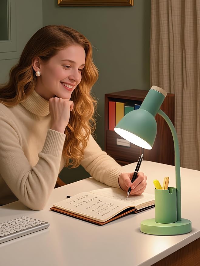 LED Desk Lamp with Pen Holder, Eye-Caring Desk Light 3 Color Modes Reading Light Flexible Gooseneck Metal Study Lamp, Cute Table Lamps for Home Office Bedside Dorm (Green Lamp)