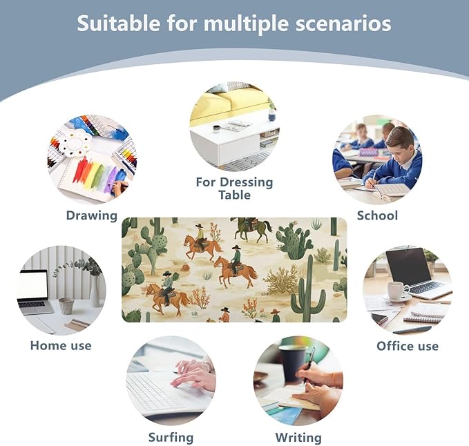 Mouse Pad Desk Mat Leather Desk Pad Large Gaming Desk Cover Protector Mat for Keyboard Computer Laptop Office Waterproof 35.4 x 16.5 Inch Cute Cacti Desert Cowboys Horses